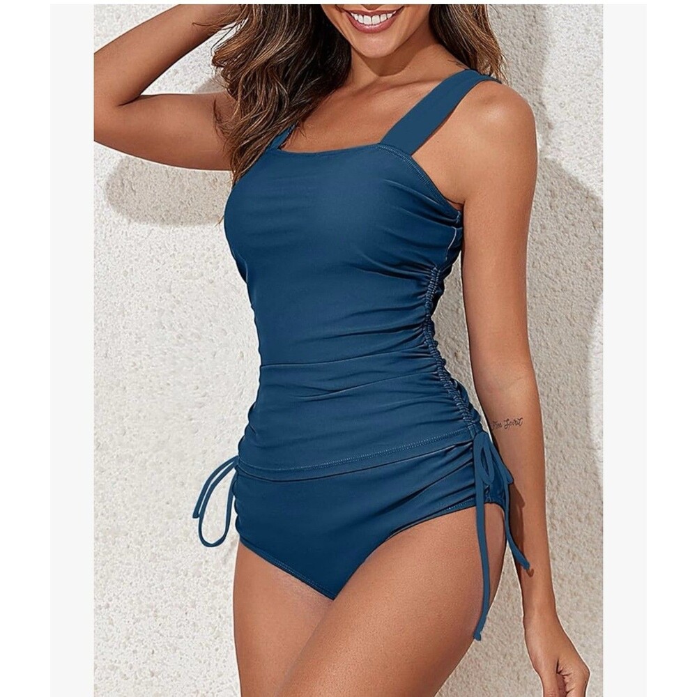 Womens Retro Ruched Two Piece Strappy Tummy Control Swimwear Tie Side Tankini M